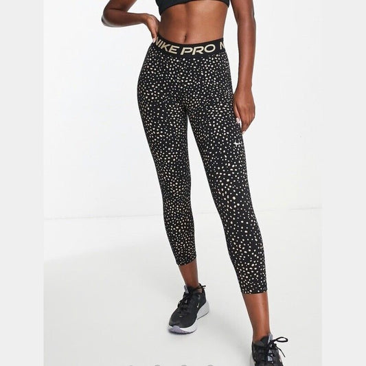 Nike Women's Pro Leggings DM7583 Dri-Fit Mid-Rise Crop Leggings-Black Gold-Small