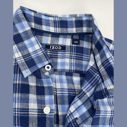 $50 Izod Men’s Linen Blend Madras SS Button Up Shirt-Twilight Blue Plaid-Medium