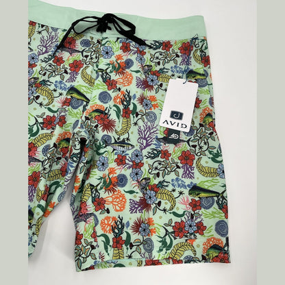 $60 Avid Men’s Gear Trunks Board Shorts-Fish Floral Sea-foam Iconic-Size: 34-New
