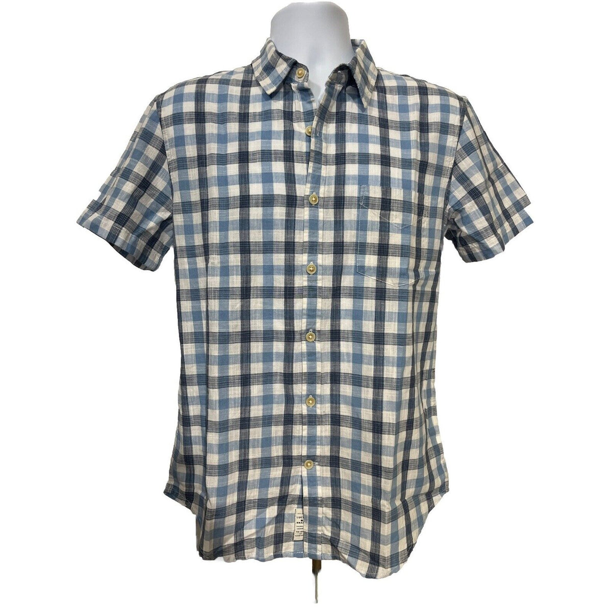 $70 Lucky Brand Men’s 100% Cotton Ballona S/S Shirt Plaid-Blue-Medium-New Tag