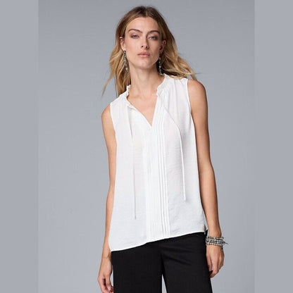 $35 Simply Vera Vera Wang Tie Front Pin-tuck sleeveless Top-White-Medium-New Tag