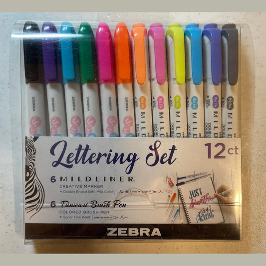 Zebra Pen Lettering Set, Assorted Colors, 12 Count NEW
