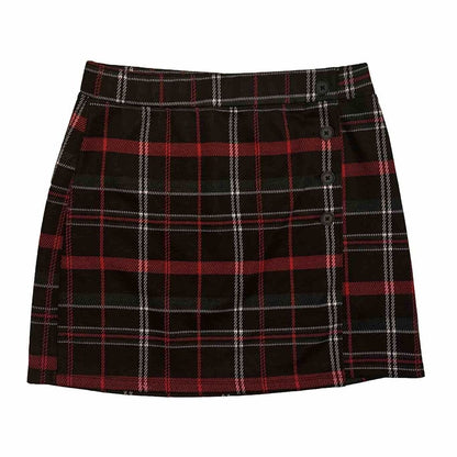 SO® Women’s Junior’s Side Buttoned Faux Wrap Mini Skirt -Red Black Green- Medium