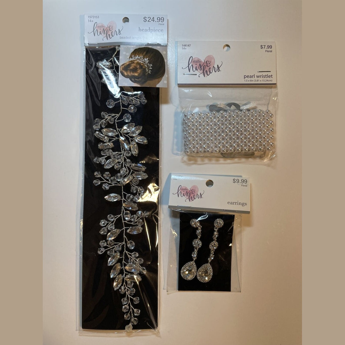 Combo Lot 3 PCs Studio His & Hers WEDDING Set: EARRINGS- Headpiece - Bracelet