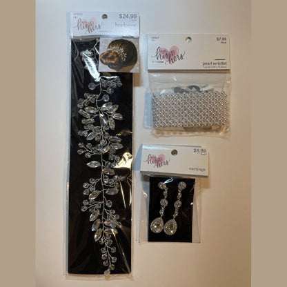 Combo Lot 3 PCs Studio His & Hers WEDDING Set: EARRINGS- Headpiece - Bracelet