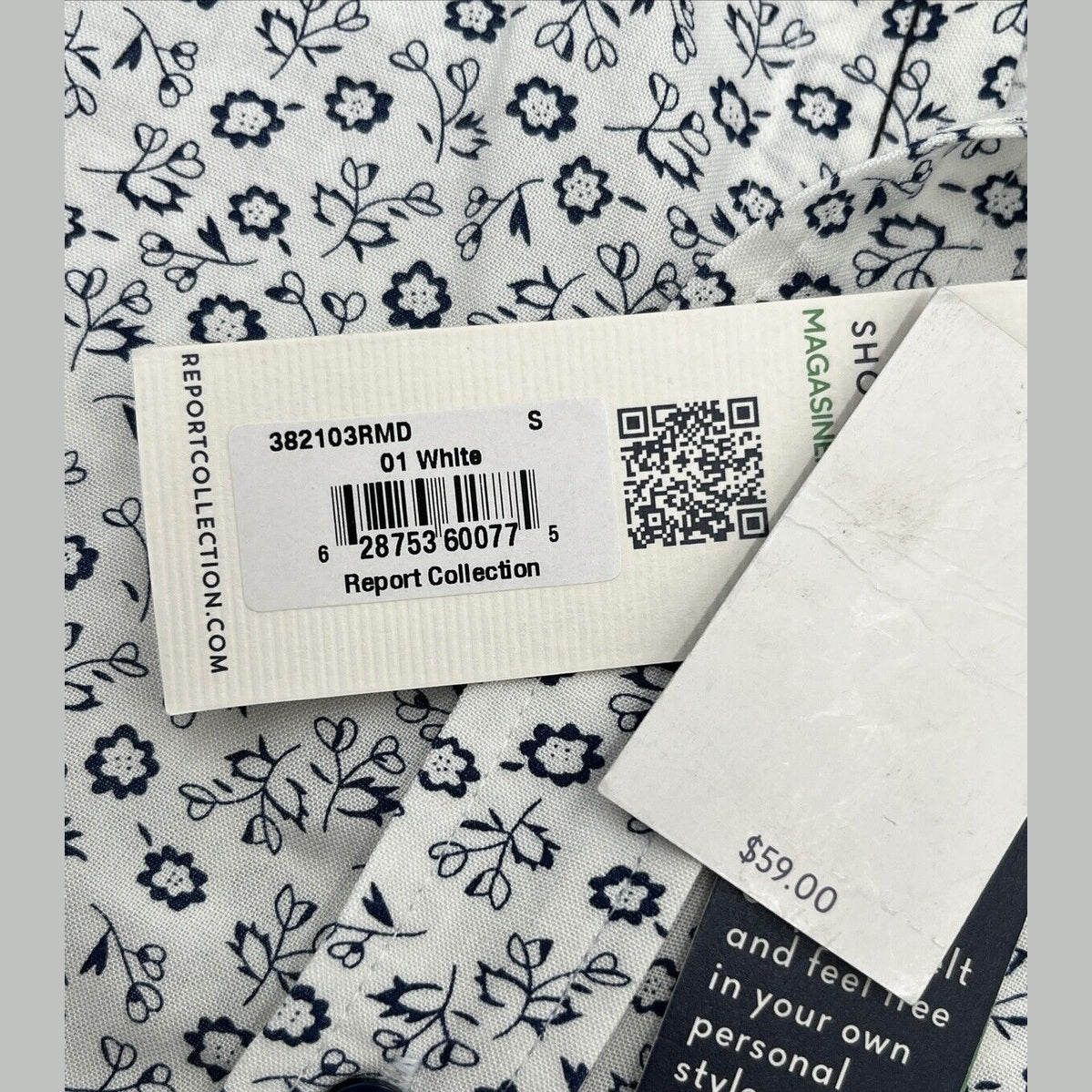 $59 Report Collection Men’s Tropical Print Short Sleeve Button Down-Navy-Small