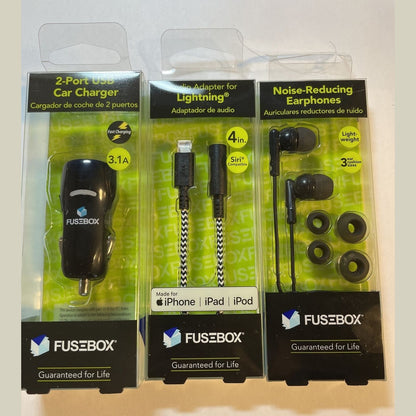 Combo Lot (3) E Filliate,Fusebox 2 Port Car Charger, Lightning Adapter,earphones
