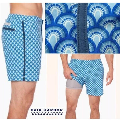 $89 FAIR HARBOR Men’s Sextant Swim Trunk Inner Lined Shorts-Blue Deco-Size: 32W