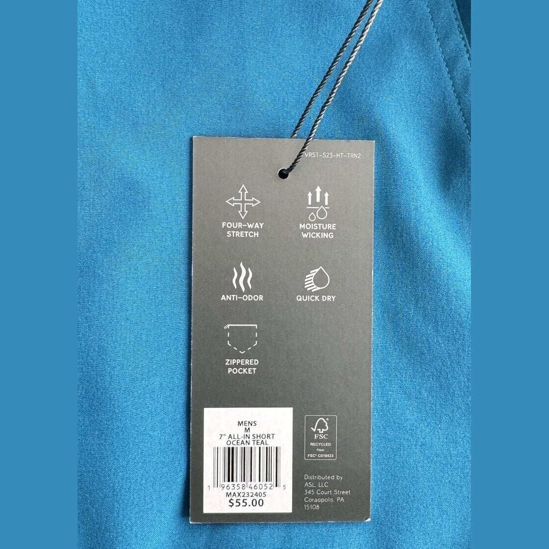 VRST Men's 7” All In Lined Athletic Shorts - Ocean Teal- Medium - MSRP $55