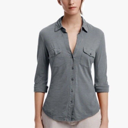 $165 James Perse Women’s Contrast Panel Shirt - Khaki PLM- Size: 0 (Small)- New