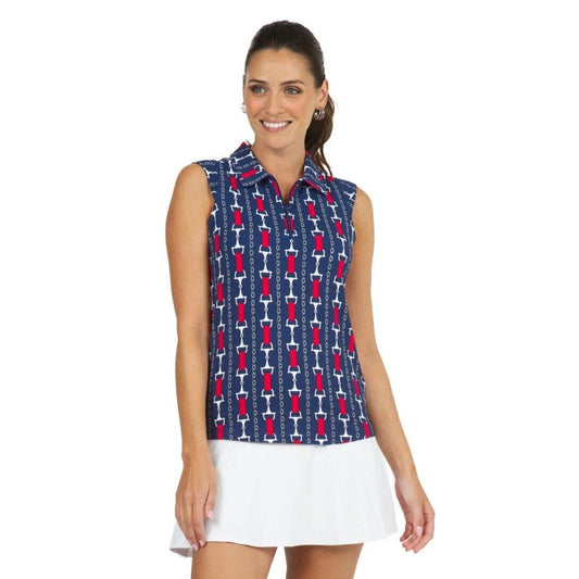 $89 IBKUL Women’s Sleeveless Zip Polo Top Shirt-Vic Navy / Red - Small-New