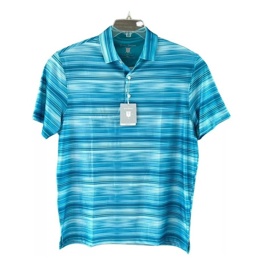 $94 Hickey Freeman Men's Printed GOLF Polo Shirt Stripes - Aqua- Medium-New Tags