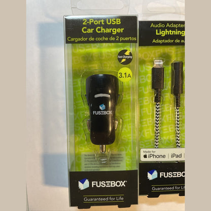 Combo Lot (3) E Filliate,Fusebox 2 Port Car Charger, Lightning Adapter,earphones