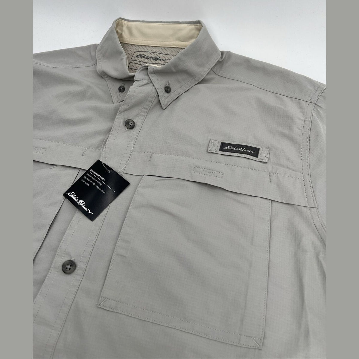 $60 Eddie Bauer Men's Ripstop Guide Short Sleeve Shirt-Light Gray-Medium-New