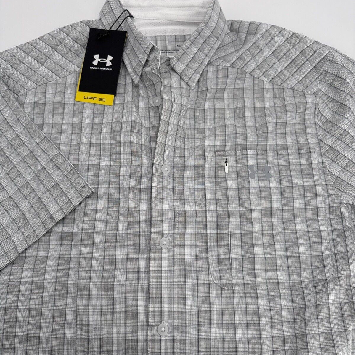 $55 Under Armour Men's Plaid UA Tide Chaser 2.0 Button Front Shirt-Grey-Medium