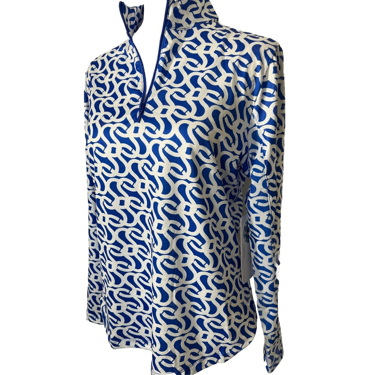 $95 X by GOTTEX GEO  Long Sleeve Mock Neck Shirt - Geo Blue/White-Medium-New