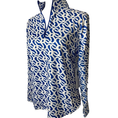 $95 X by GOTTEX GEO  Long Sleeve Mock Neck Shirt - Geo Blue/White-Medium-New