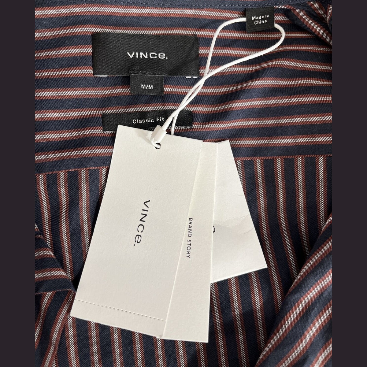 $225 VINCE Men's Claremont Stripe Short Sleeve Button Shirt-Black/Burgnd-Medium