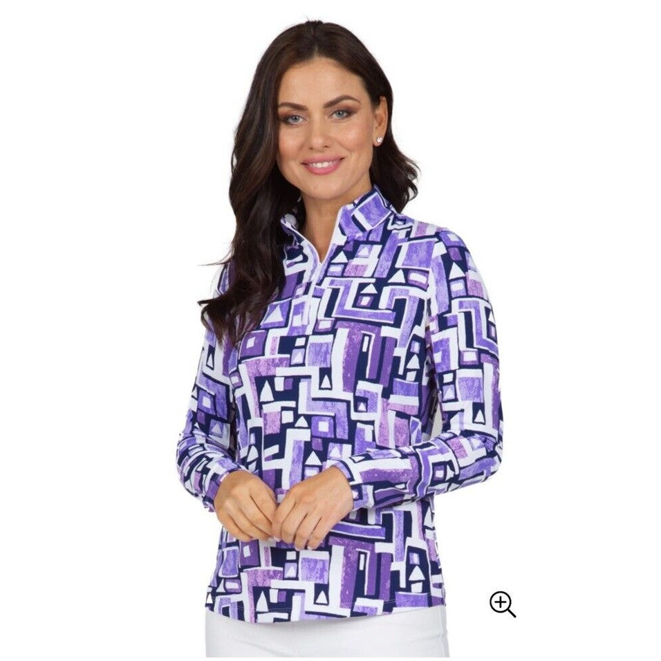 $100 Ibkul Women’s Long Sleeve Zip Mock Neck Top-Jennifer Plum -Small-New