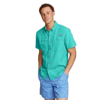 $60 Eddie Bauer Men's Ripstop Guide Short Sleeve Shirt- Turquoise -Medium-New