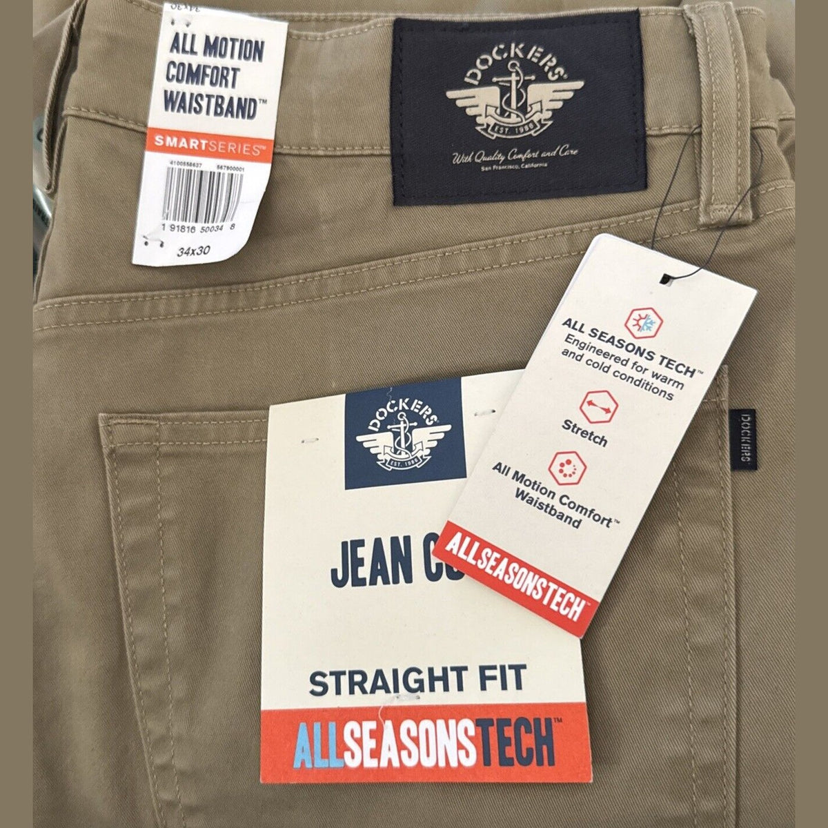 Dockers Men’s Straight Fit Jean Cut All Seasons Tech Jeans Pants-Khaki-33W 30L
