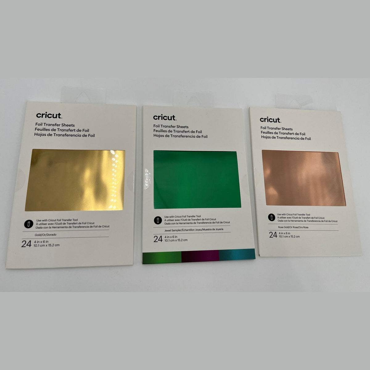 3 Pkg Cricut FOIL TRANSFER SHEETS - GOLD, ROSE,JEWEL GREEN, 4x6 New 72 Sheets