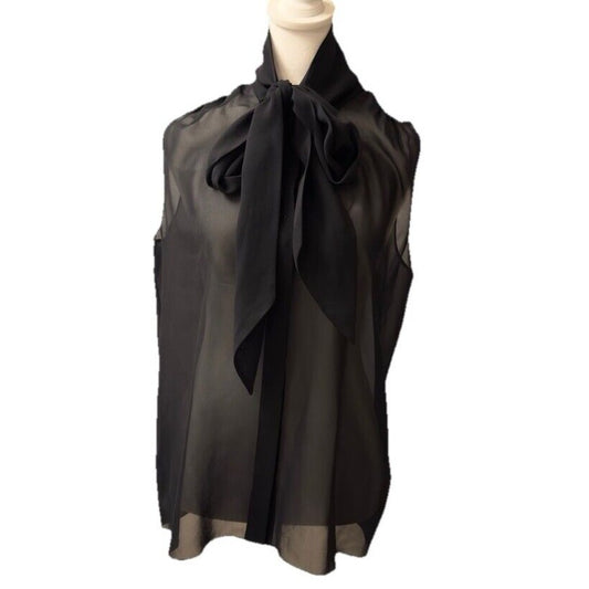$378 Frame Women's Silk Sleeveless Bow Blouse Top Shirt- Black- Medium