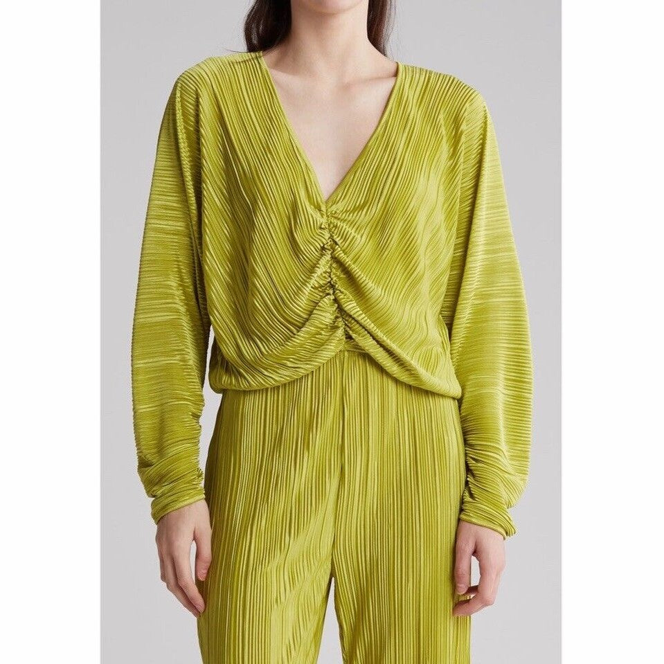 $129 Good American Women’s- Plissé Ruched Top Blouse Shirt- Chartrusse- Size 1/2
