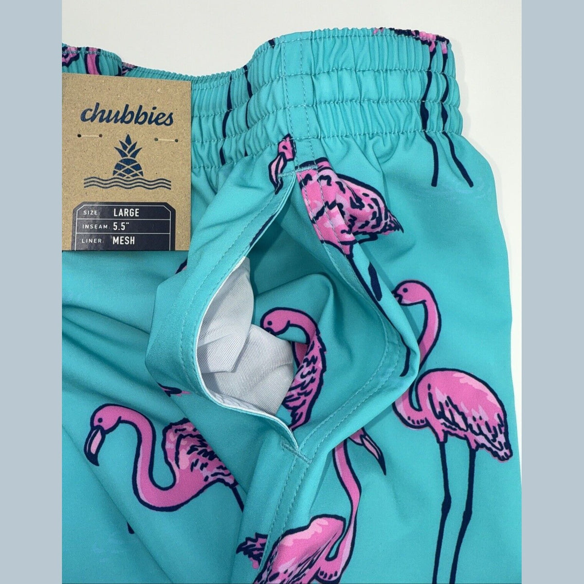 $70 Chubbies The Beach Retreat 5.5" Inseam Swim Trunks-Aqua/Pink- Large -New Tag