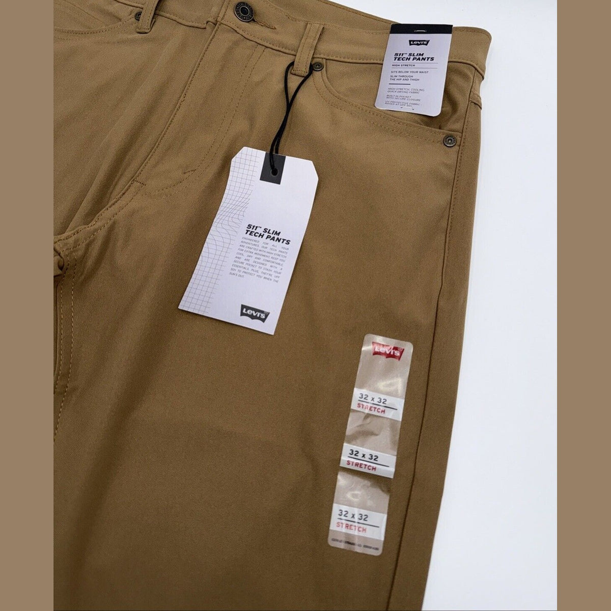 $70 Levi's Men's 511 Slim Tech Pants Stretch A92130010- Tan - 32W 32L - New Tag