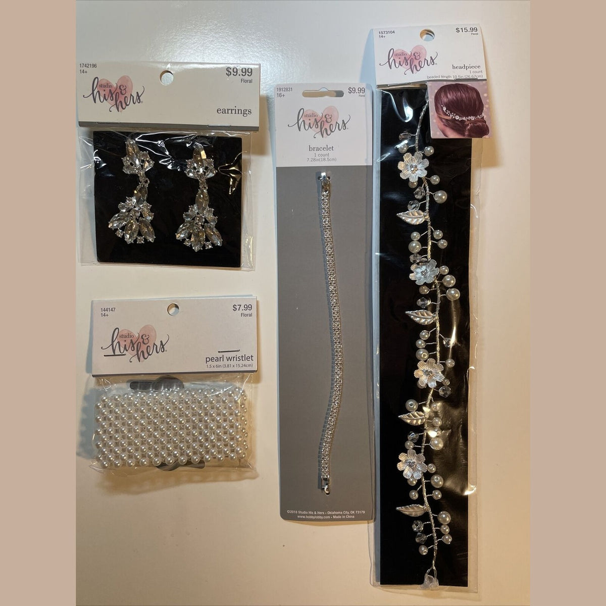 Combo Lot 4 PCs Studio His & Hers WEDDING Set: Earrings- Headpiece- Bracelets