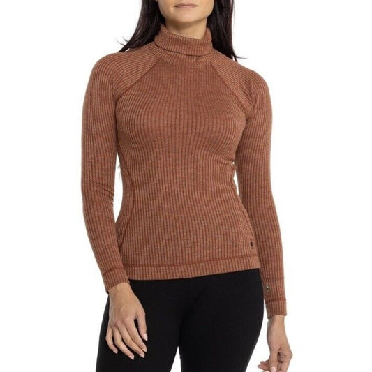 $120 Smartwool Women’s Merino Rib Turtleneck Shirt-Pecan Brown Heather-XSmall