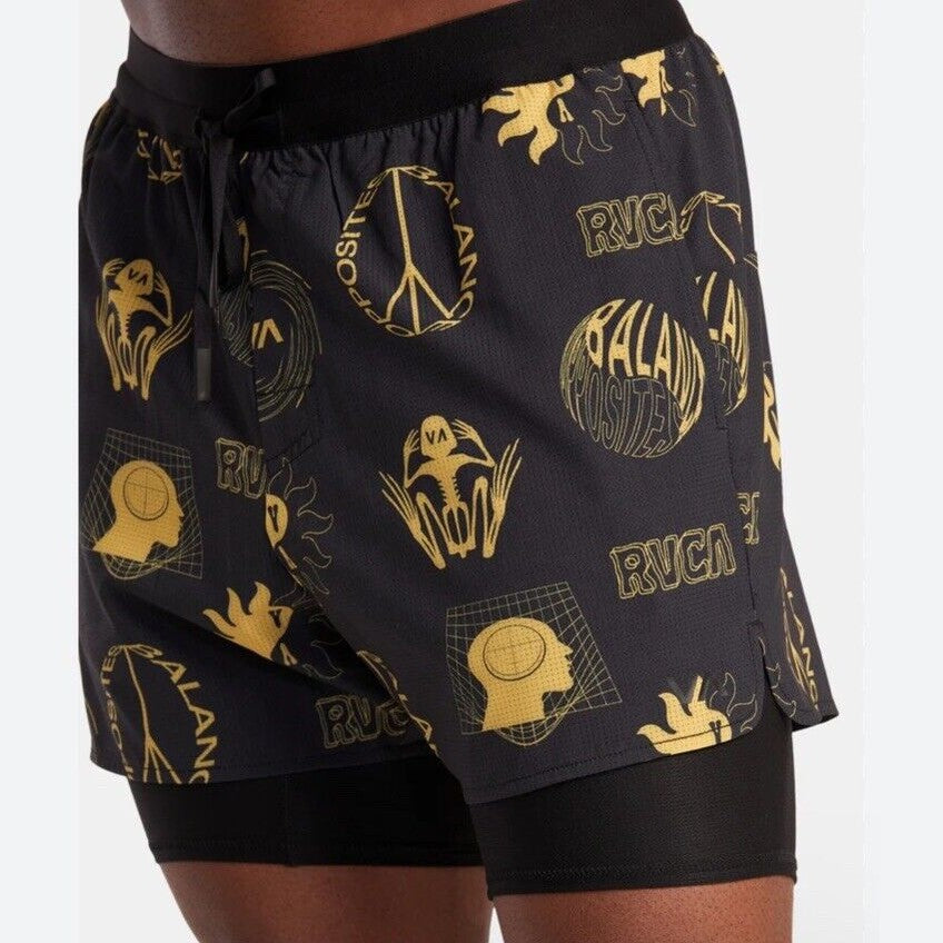 $86 Rvca Men's Active Performance 2 In 1 Runner  Shorts - Black/Gold- Large -New