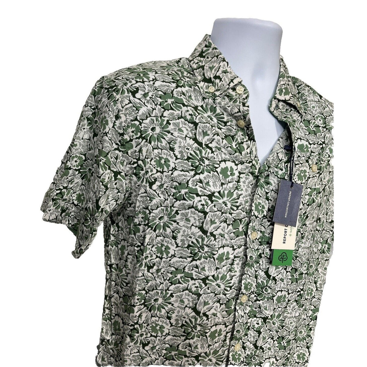 $59 Report Collection Men’s Tropical Print Short Sleeve Button Down-Green-Small