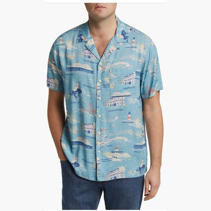 $158 Faherty Men’s Kona Short Sleeve Camp Shirt Tour Print -Blue-XLarge -New Tag