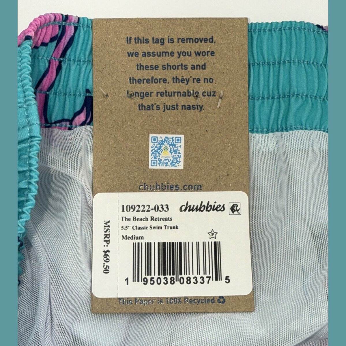$70 Chubbies The Beach Retreat 5.5" Inseam Swim Trunks-Aqua/Pink-Medium -New Tag