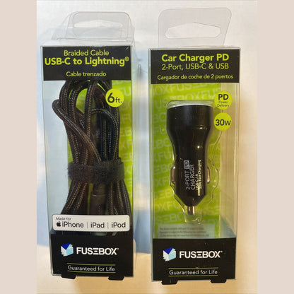Combo Lot E Filliate, Fusebox 2 Port Car Charger Plus USB-C To Lightning 6ft