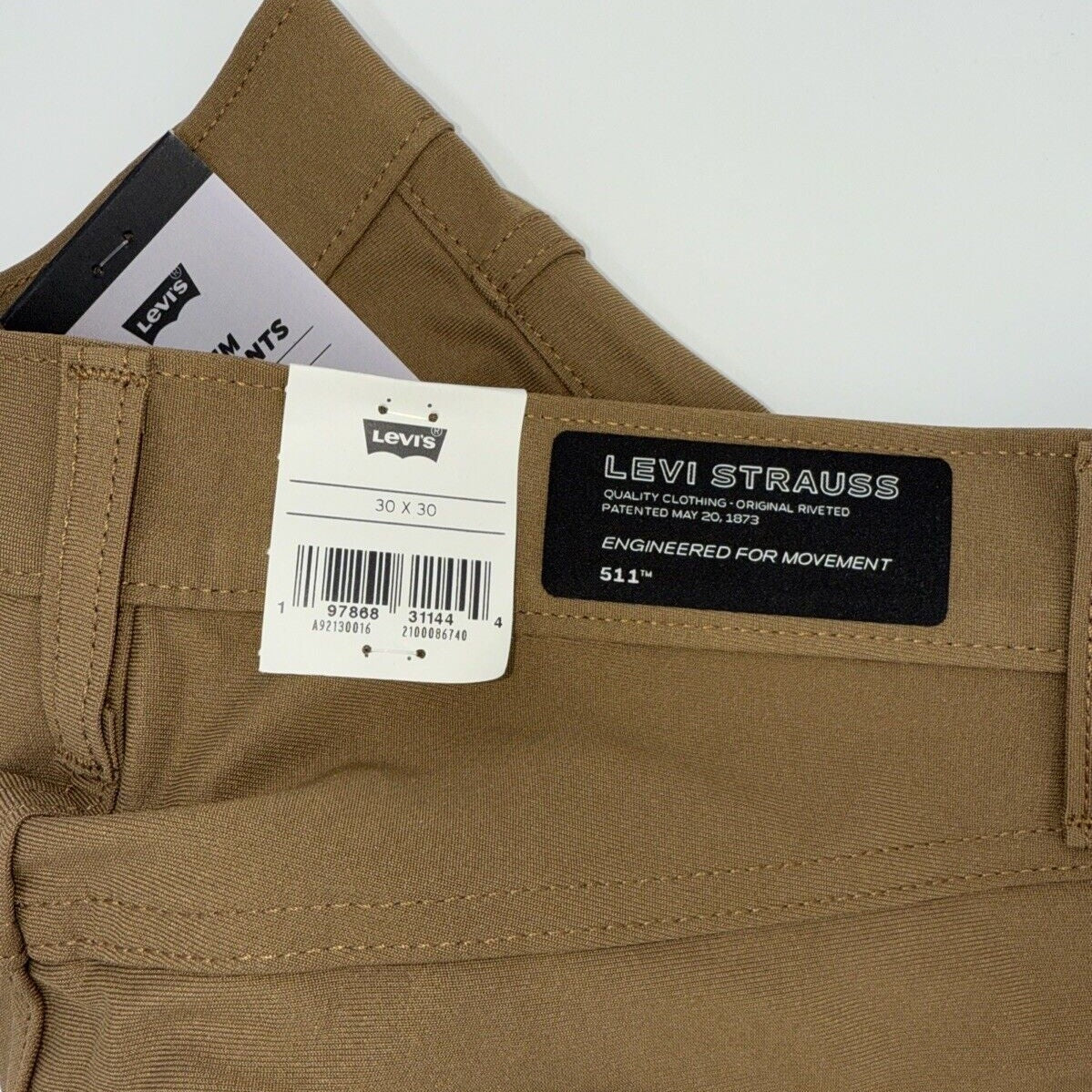 $70 Levi's Men's 511 Slim Tech Pants Stretch A92130010- Tan - 30W 30L - New Tag