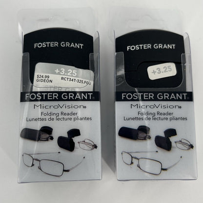 Lot Of 2 Foster Grant MicroVision GIDEON Folding Reader Glasses-Black,+3.25 -New