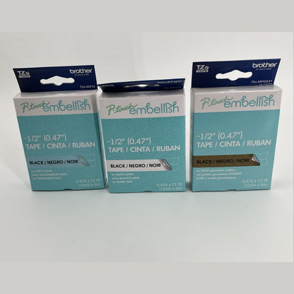 3 X Brother P-Touch Embellish Tape & Satin Ribbon ~1/2" (0.47") -NEW-LOT OF 3!