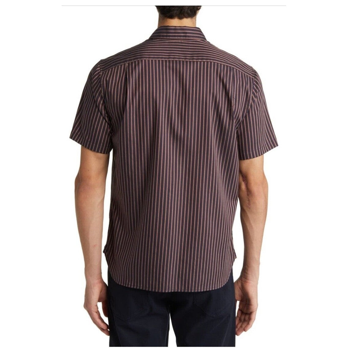 $225 VINCE Men's Claremont Stripe Short Sleeve Button Shirt-Black/Burgnd-Medium