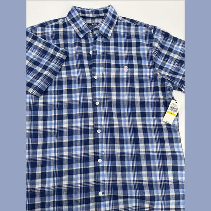 $50 Izod Men’s Linen Blend Madras SS Button Up Shirt-Twilight Blue Plaid-Medium