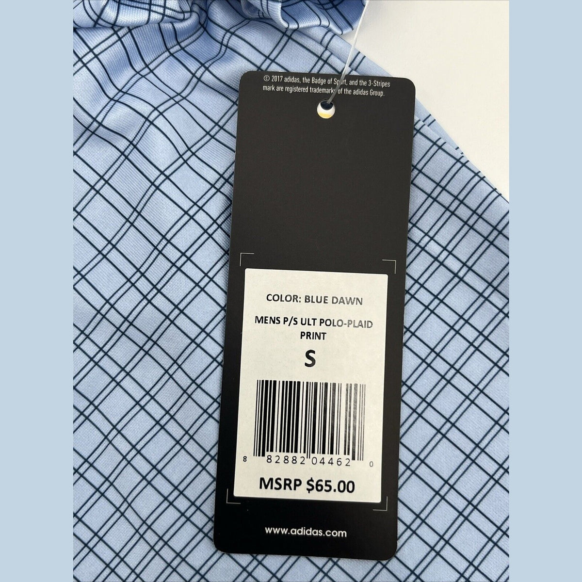 $65 Adidas Men’s Plaid Golf Stretch Polo Shirt UPF 50- Blue Dawn- Small-New Tag