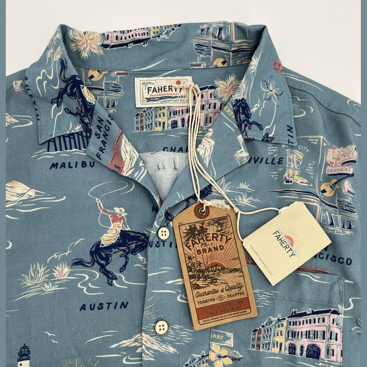 $158 Faherty Men’s Kona Short Sleeve Camp Shirt Tour Print Button-Blue-Medium