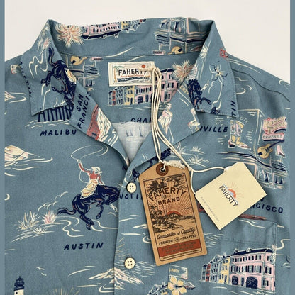 $158 Faherty Men’s Kona Short Sleeve Camp Shirt Tour Print Button-Blue-Medium