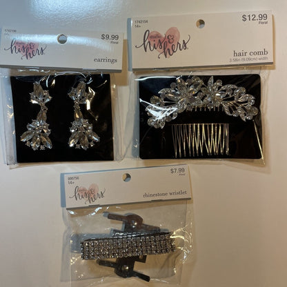 Combo Lot 3 PCs Studio His & Hers WEDDING Set: EARRING - HAIR COMB - Bracelet