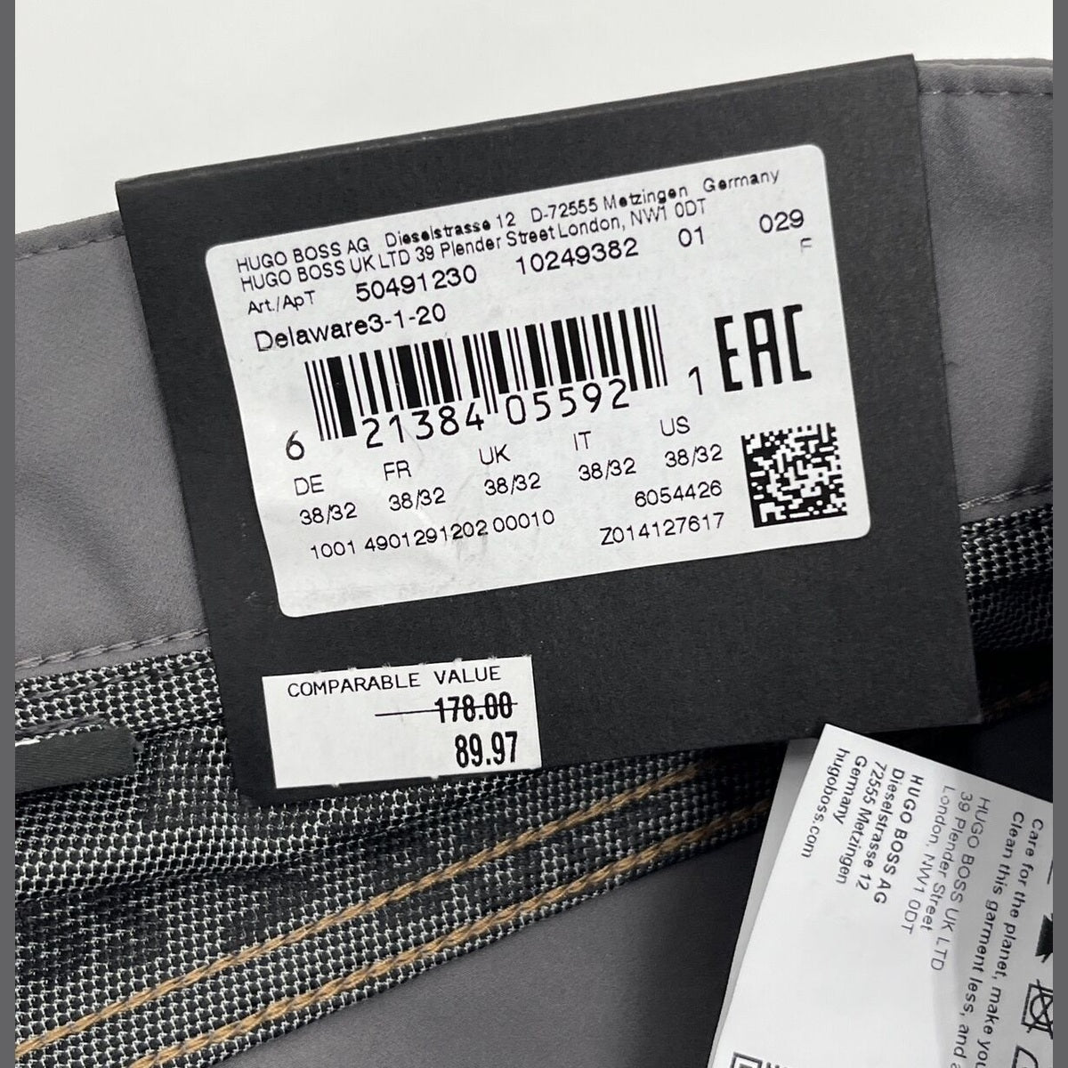 $178 Hugo Boss Delaware Slim Fit 5 Pocket Pants- Dark Grey-Size: 38W 32L-New Tag