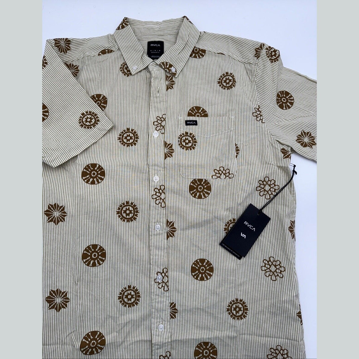 $66 RVCA Men's S/S Button Shirt ENDLESS SEERSUCKER - Gold - Medium - New W Tags