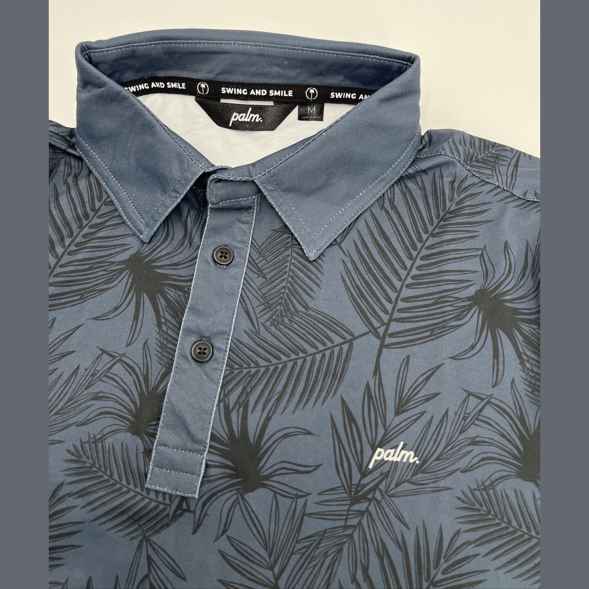 $110 Palm Golf Co. Men's Overlook Print Stretch Golf Polo Shirt- Navy- Medium