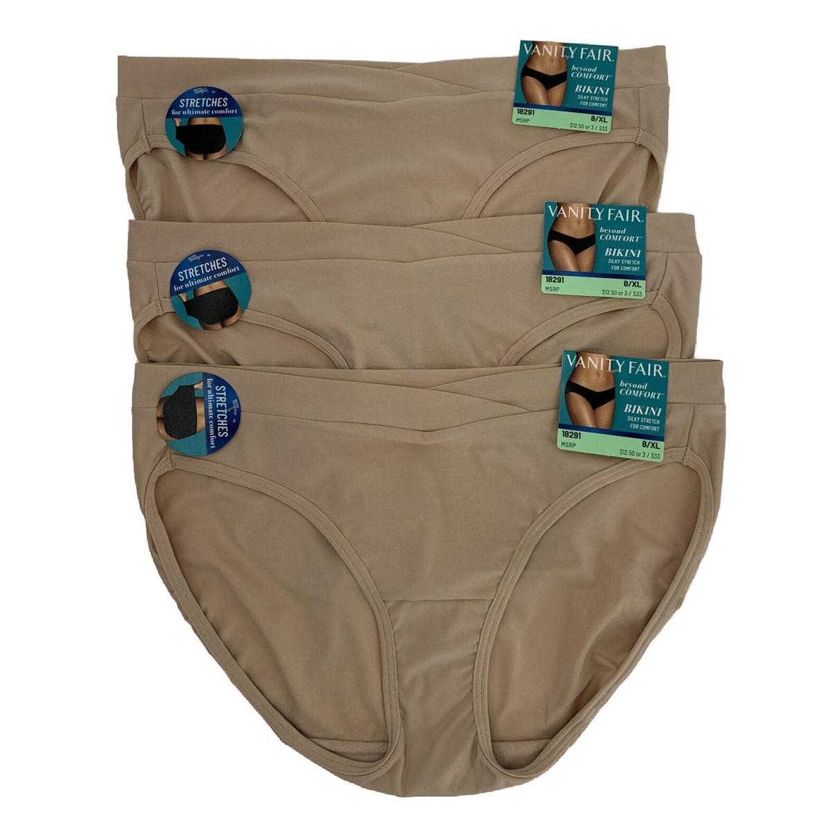 Vanity Fair Bikini Panties (Pack Of 3) -  #18291 Colors As Shown- 8/XL - New